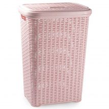 Tradineur - Cesto para ropa sucia con tapa y asas, pongotodo rattan de plástico, cubo para colada, imitación mimbre, hogar (Rosa palo, 60 litros, 61,5 x 42,5 x 34 cm)