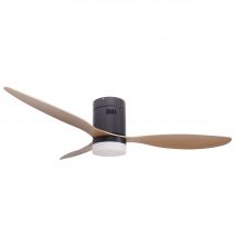 Ventilador de techo negro Jocca con 3 elegantes aspas con acabados de madera, 6 velocidades a seleccionar con giro inverso, una moderna lámpara integrada con 3 intensidades de luz, temporizador, mando
