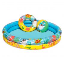Tradineur - Piscina hinchable infantil de 2 aros, vinilo resistente, válvula de seguridad. Incluye: Piscina, pelota y flotador. 122 x 20 cm. (Diámetro x alto)