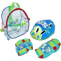 Mochila de Casco y Protecciones, con diseños exclusivos de Clanners, en color azul/verde (8977) Incluye divertida mochila. Protecciones para rodillas y codos. Set para principiantes. Calidad al mejor