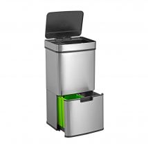 WELL HOME Papelera de reciclaje 62L (37L+25L), cubo de basura con 2 compartimentos, apertura automática con sensor, en acero inoxidable, cromado