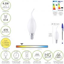 Bombilla led filamento vela llama esmerilada e14. 4,5 vatios. equivalente a 35 vatios. 470 lúmenes. luz cálida 2700º k.
