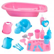 Colorbaby's - Bañera con accesorios, para muñecos, bebés de juguete, 20 piezas, para bañar, dar de comer, juego imaginativo, juego simbólico, mayores de 3 años
