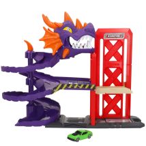 Garaje dragón Teamsterz, 1 vehículo, ascensor incorporado, juegos de coches, coches de carreras, dragones de juguete, circuito, juguetes para niños pequeños, recomendado + 3 años