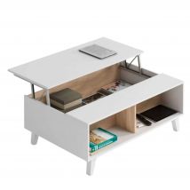 Mesa de centro elevable para salón comedor elevable en color blanco mate y roble artesano 100x38x68 cm