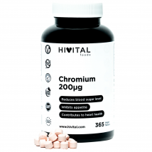 Cromo 200 mcg. 365 comprimidos veganos para todo 1 año. 200 µg de Cromo puro por comprimido. El mejor Picolinato de Cromo, de alta biodisponibilidad y sin aditivos químicos. Fabricado en España.
