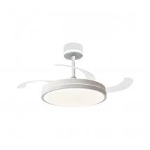 NARVI Ventilador de techo de 40 cm. de diámetro, color blanco, con CABEZAL ILUMINADO y  3 Palas retráctiles transparentes.  Motor DC,  Luz LED Regulable en intensidad y tonalidad.  Ref. EDIMBURGO