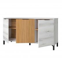Mueble Aparador de Salón Comedor Tokio Estilo Nórdico en Color Blanco Albo y Roble Rayado con 3 Puertas 136 cm