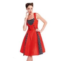 PARTILANDIA, DISFRAZ ADULTO ROCKABILLY DRESS 50S, VESTIDO DE COLOR ROJO, LUNARES BLANCOS , EN FONDO NEGRO