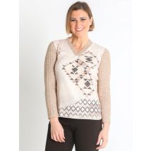 371030N  CAMISETA PUNTO LANOSO ESTAMPADO ÉTNICO CUELLO PICO