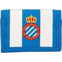 SAFTA - RCD ESPANYOL Cartera Diseño único Licencia Oficial - Billetera Cierre mediante solapa con velcro - Cartera varios compartimentos interiores y bolsillo con cremallera para monedas.