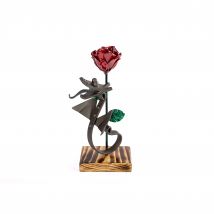 FORGING ART BCN Base de Madera con Dragón Forjado a Mano y Flor Roja y Verde - Regalo Único para Aniversario o Celebraciones