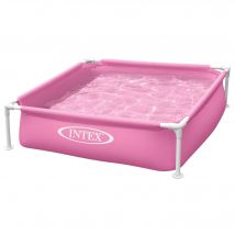 Piscina desmontable pequeña INTEX color rosa, medidas 122x122x30cm, forma cuadrada, incluye tapón para desagüe y parche de reparación, capacidad de 342L