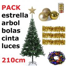 Arbol de Navidad Artificial 210cm | PACK COMPLETO | Color Verde | BOLAS CINTA PUNTA ESTRELLA LUCES DE MULTICOLOR