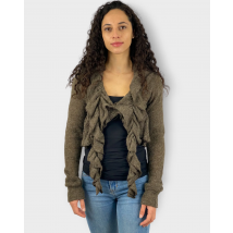 Chaqueta corta mujer punto marrón, cardigan, diseño volantes delantero, cuello V, manga larga, única talla, estilo casual y elegante, suave, cómoda, versátil, ideal entretiempo ✅Entrega 24/48h