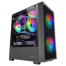 Mars Gaming MC- VORTEX, Caja Gaming MicroATX, Frontal Mesh Geométrico, Ventana Lateral Cristal Templado, 3X Ventiladores FRGB Rainbow 120mm, Minitorre PC Compacta con Diseño Doble Cámara, Negro o