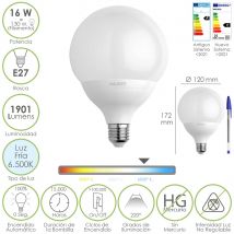 Bombilla led globo rosca e27. 16 vatios. equivalente a 130 vatios. 1901 lúmenes. luz fría 6500º k.
