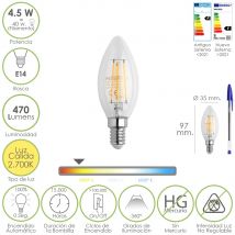 Bombilla led filamento vela rosca e14. 4,5 vatios. equivalente a 40 vatios. 470 lúmenes. luz cálida (2700º k.)