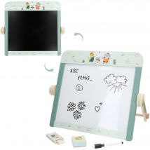 WOOMAX - Pizarra doble cara de madera, 40x27x32 cm, incluye rotulador y tizas blancas, borrador para tiza, patas móviles estables, bordes redondeados, certificado FSC, regalo niños +3 años, pizarras