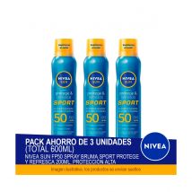 NIVEA SUN FP50 Spray Bruma Sport Protege y Refresca 200ml. Protección alta - Pack ahorro de 3 unidades (total 600ml)