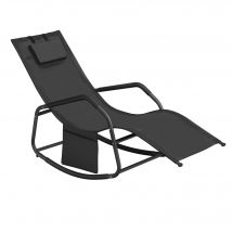 SONGMICS Mecedora, Silla Tumbona, con Dispositivo de fijación, Cojín Ajustable, Estructura de Acero, Tejido Transpirable, Bolsillo de Almacenamiento, 156,2 x 97,3 x 151 cm, Negro/Gris Oscuro