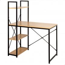 Max Home - Mesa escritorio con estantería, 3 estantes, tablero madera, estructura acero negro, para oficina y estudio, estilo industrial, refuerzo en X para más estabilidad, escritorios, mesas para