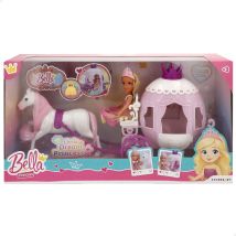 COLORBABY Bella - Muñeca princesa con carruaje, muñeca articulada 15 cm, carruaje con puerta abatible, caballo blanco, incluye bolso y corona, diseño en tonos rosa y morado, juguetes para niñas 3