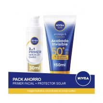 NIVEA SUN Pack ahorro - Contiene 2en1 Primer Serum UV Diario Protección facial SPF50+ 30ml + Protege & Hidrata Loción Solar Acabado Invisible SPF50