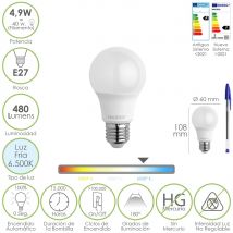 Bombilla led estándar rosca e27. 4,9 vatios. equivalente a 40 vatios. 480 lúmenes. luz fría (6500º k.)