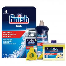 Finish Lavavajillas Sal 4kg + Abrillantador Limón 500ml + Limpiamáquinas Limón 250ml + Ambientador Limón