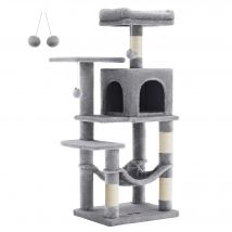 Feandrea Árbol para Gatos, Altura 112 cm/143cm, Torre de Gatos, con 4 Postes Rascadores, 2 Plataformas, 1 Cueva, 1 Hamaca, 2 Pompones, Tela de Felpa, Multinivel, Rosa Caramelo/Blanco Crema/Gris
