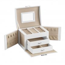 SONGMICS Portagioie a 3 livelli, Portagioie con manico, 2 cassetti, Specchio, Serratura, per viaggi, Stile moderno, Regalo per i propri cari, Classico bianco/grigio ardesia/Classico nero, Regalo di