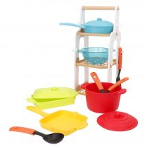PLAY - Set de cocina infantil, 13 piezas, con estantería, incluye ollas con tapa, sartén, colador y utensilios de colores, juguete simbólico, juego imitación, fomenta la imaginación, la socialización