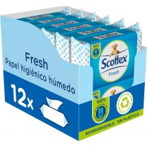 Scottex Papel Higiénico Húmedo Fresh con Agua Micelar y Vitamina E, Biodegradable y Sin Plástico, Caja 12 packs de 74 servicios Toallitas Húmedas Desechables por WC