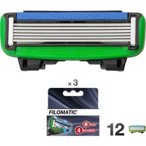 Filomatic Recambio Cuchillas Filo6 Negro, Verde y Azul Cobalto 3 Cajas de 4 Unidades