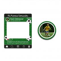 Oedim Photocall + Cartel Mi Primera Comunión Fútbol Personalizado, 80x100 cm, Eventos o Celebraciones puntuales, Ventana Troquelada, Photocall Divertido