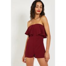 Mono corto elegante palabra de honor strapless volantes tendencia fiesta jumpsuit mujer acabado suave color burdeos talla L, ideal eventos noche urbano, cómodo chic atractivo, variación colores,