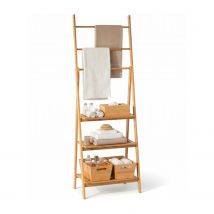 THINIA HOME - Toallero de Pie de Bambú Natural con 3 Estantes y 3 Barras, Mueble Auxiliar para Baño, Dormitorio o Lavandería, Estilo Nórdico, 53.2x32.4x152 cm