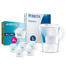 BRITA Jarra Filtrante, Modelo Marella + 5 Filtros MAXTRA PRO | Capacidad 2,4L | 150L agua filtrada | Sin BPA | Apta lavavajillas | Indicador Memo | Reduce cal, cloro y metales | Diseño sostenible