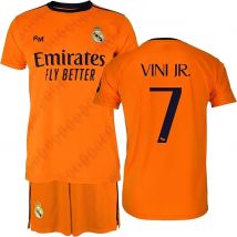 Real Madrid - Conjunto Camiseta y Pantalón Segunda Equipación Temporada 24/25, Vini Jr., Niños 6 Años, Replica con Licencia Oficial