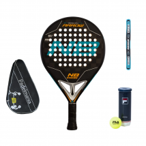 Racchetta padel Enebe Arrow + copertura padel Mania + protezione Enebe + lattina palla Fila
