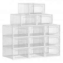 SONGMICS Cajas de Zapatos Plástico, Juego de 12 Organizadores de Almacenamiento, Caja Zapatero Plástico Plegable y Apilable para Zapatillas hasta talla 44, Transparente y Blanco/Transparente y Azul