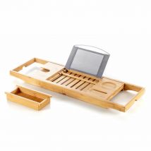 InnovaGoods® Bandeja bañera de Bambu, Bandeja baño Extensible 70-104 cm, Incluye Bandeja extraíble, Bandeja baño con Ranura de sujeción para Smartphone, Soporte para Copas y 3 Niveles de inclinación.