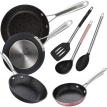 San Ignacio - Pack de 4 Sartenes en Aluminio Forjado + Set de Utensilios Básicos de Cocina