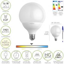 Bombilla led globo rosca e27. 16 vatios. equivalente a 130 vatios. 1901 lúmenes. luz blanca (4000º k.)