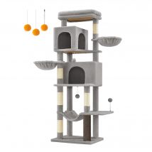 Feandrea Árbol para Gatos, Torre para Arañar de 175 cm de Altura, Multinivel con 2 Cuevas, 2 Cestas, 5 Rascadores, Alfombra, Plataforma, Hamaca, Gris Paloma/Gris Oscuro/Beige Arena/Marrón