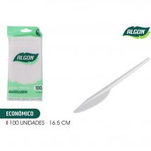 Algon - Set de 100 cuchillos ecológicos 16.5cm, Plástico biodegradable, Reutilizables