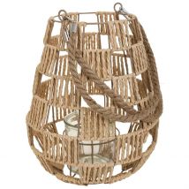 WANDERLUST DECO Farol Portavelas de Metal y Cuerda de Papel Marrón - Hecho a Mano - Iluminación Ambiental