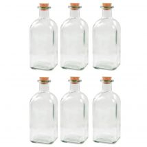 Tradineur - Pack de 6 botellas de cristal, frascas con tapón de corcho, recargable, con diseño tradicional, capacidad 1 litro, licores, vino, aguardiente