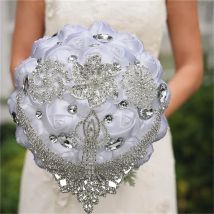 17design new white wedding bride holding flowers artificial bouquet ribbon rhinestone pearl bouquet decoration bride groom dance
